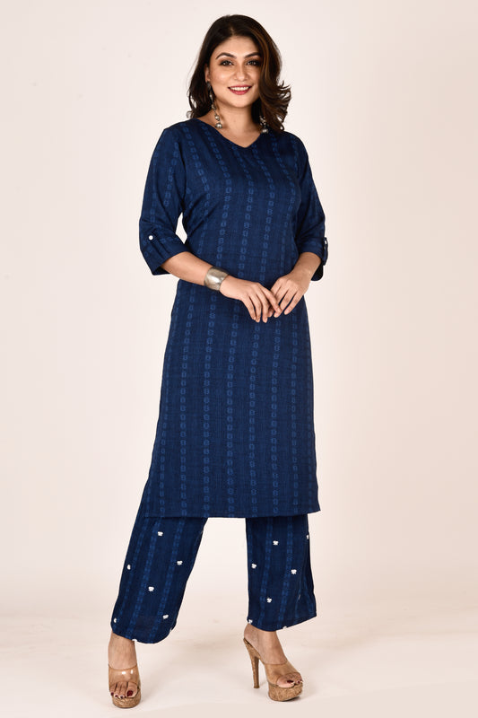 Navy Blue Self Design Kurta With Embroidered Pant