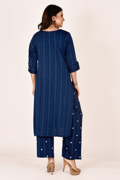 Navy Blue Self Design Kurta With Embroidered Pant