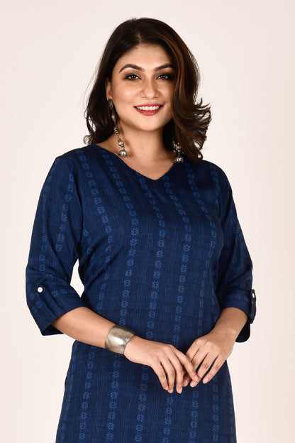 Navy Blue Self Design Kurta With Embroidered Pant