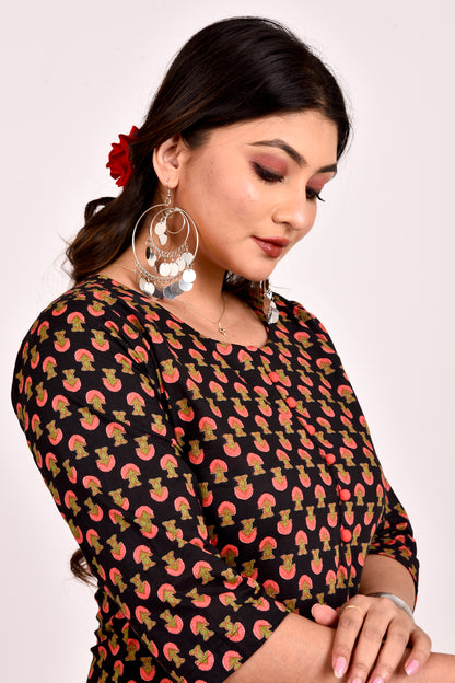 Black Floral Print Straight Kurta