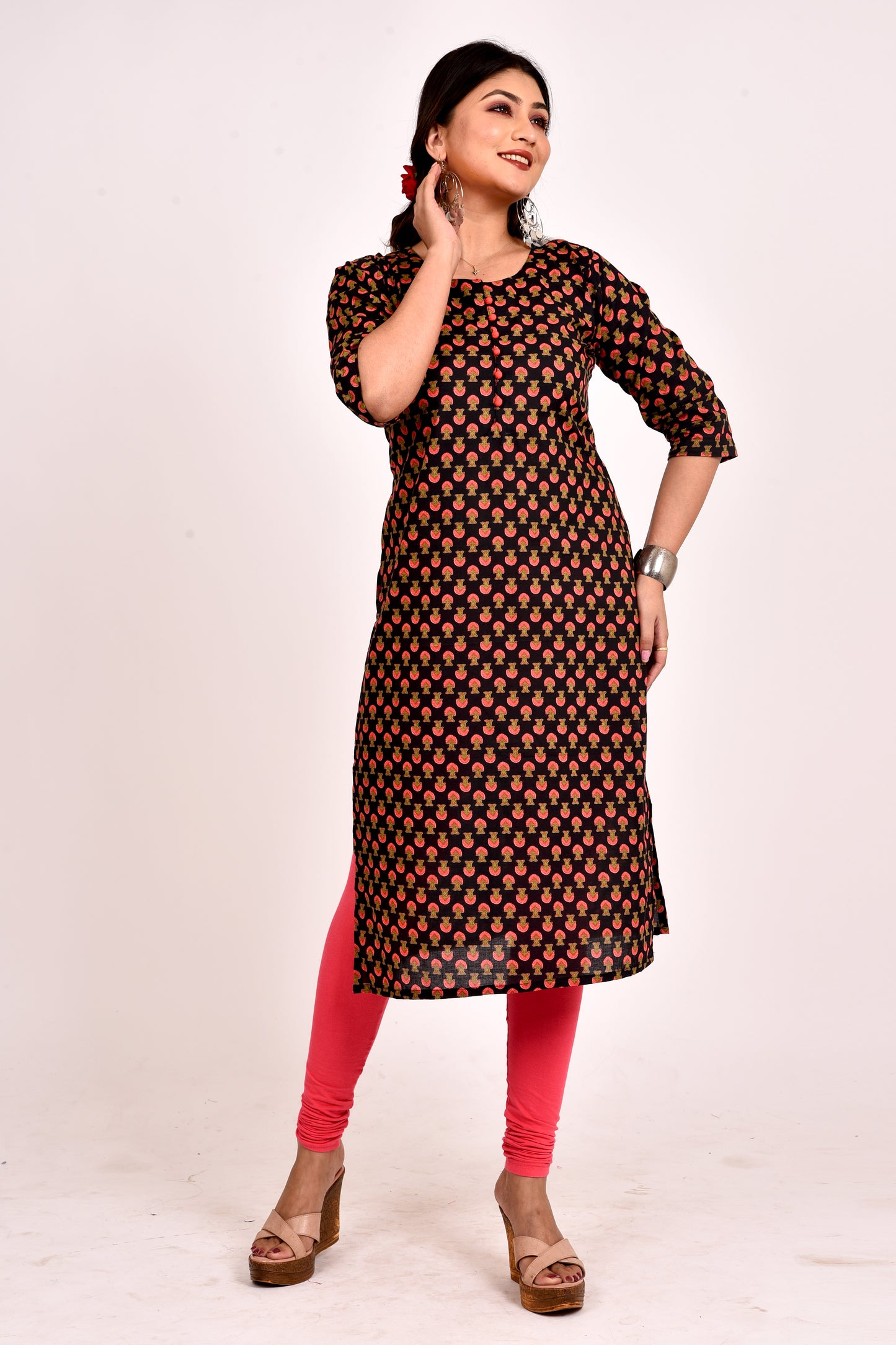 Black Floral Print Straight Kurta