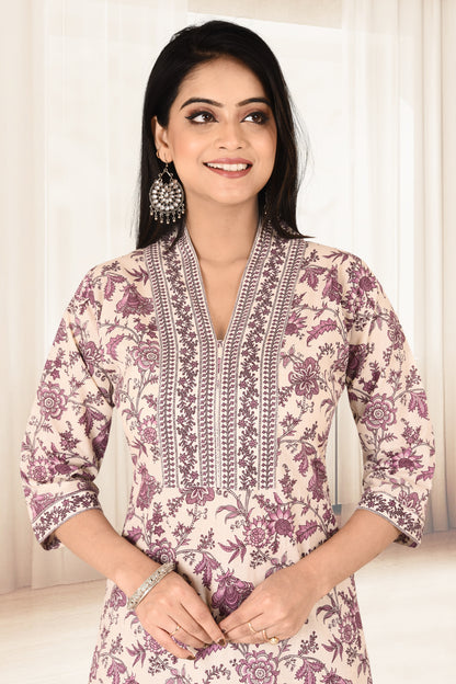 Off-White & Purple Floral Print Kurta With Pant