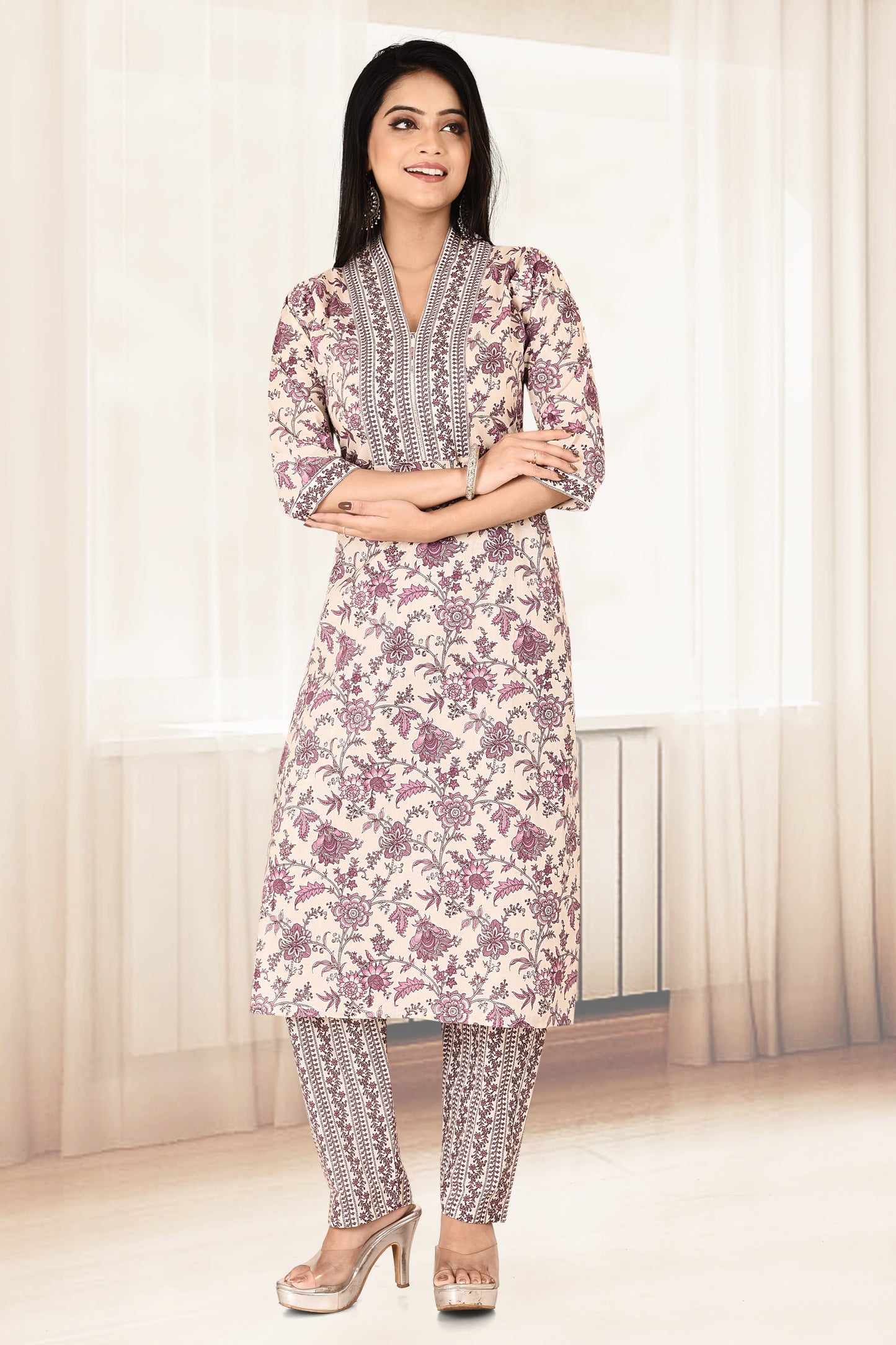 Off-White & Purple Floral Print Kurta With Pant