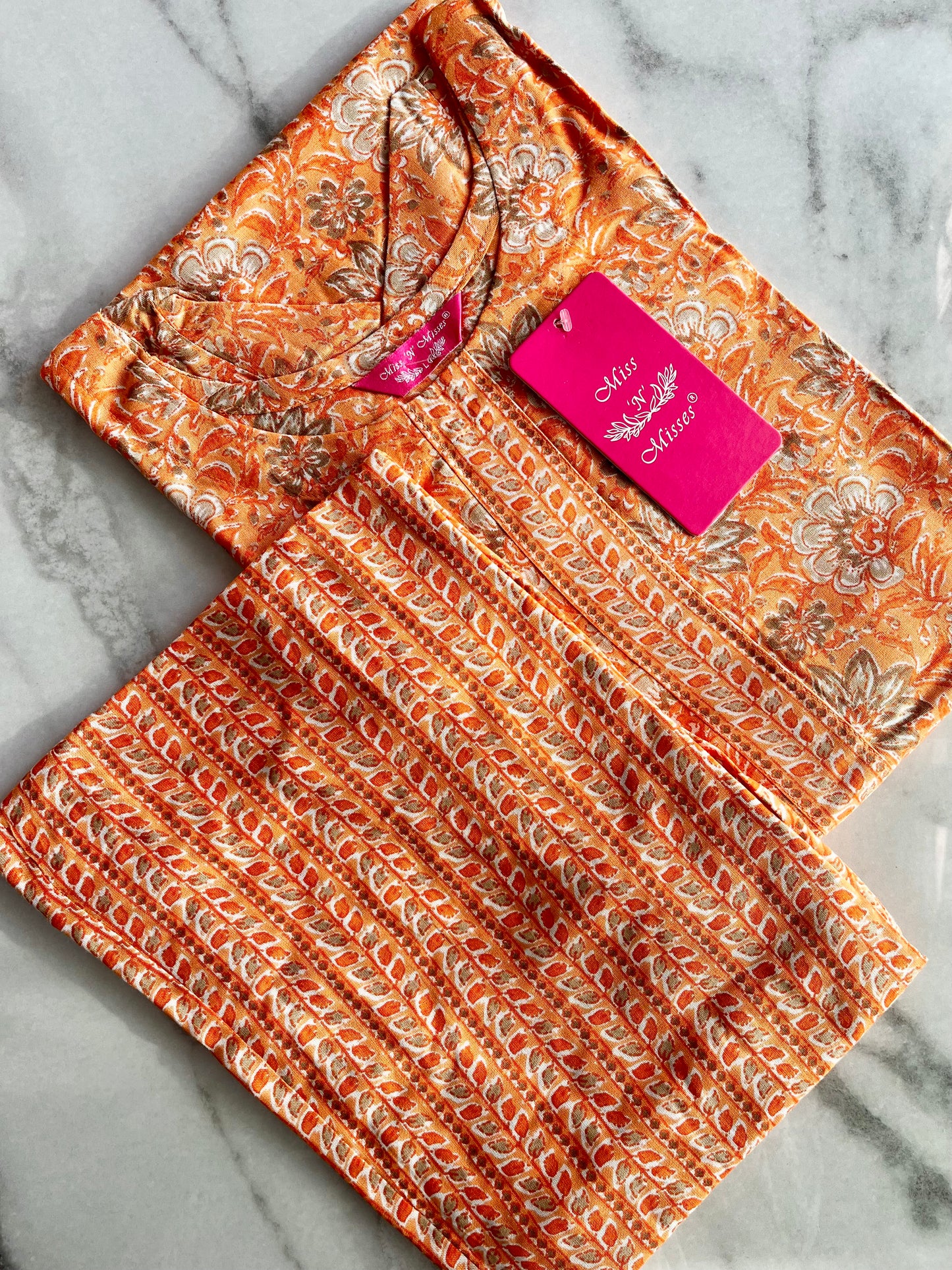 Orange Floral Print Kurta With Pant