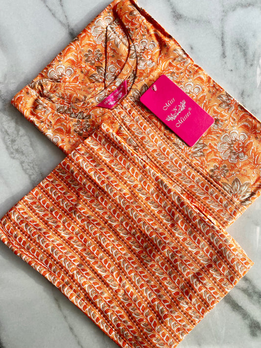 Orange Floral Print Kurta With Pant