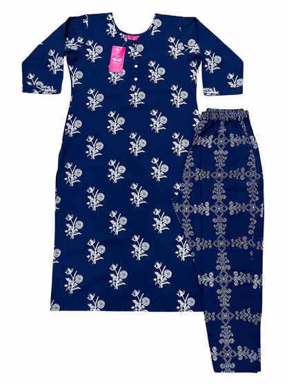 Navy Blue Floral Print Kurta With Pant