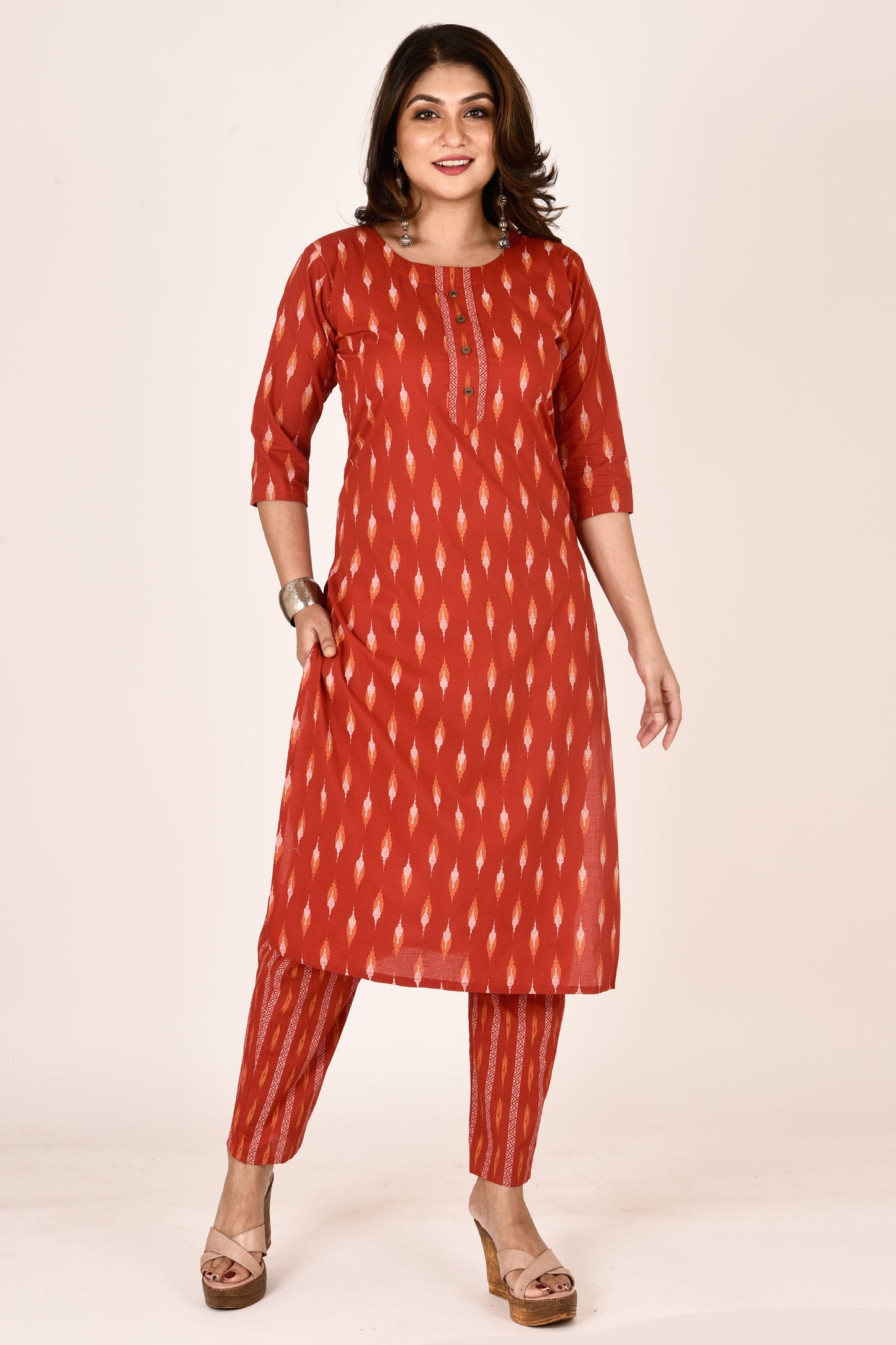 Red Ikkat Print Kurta With Pant