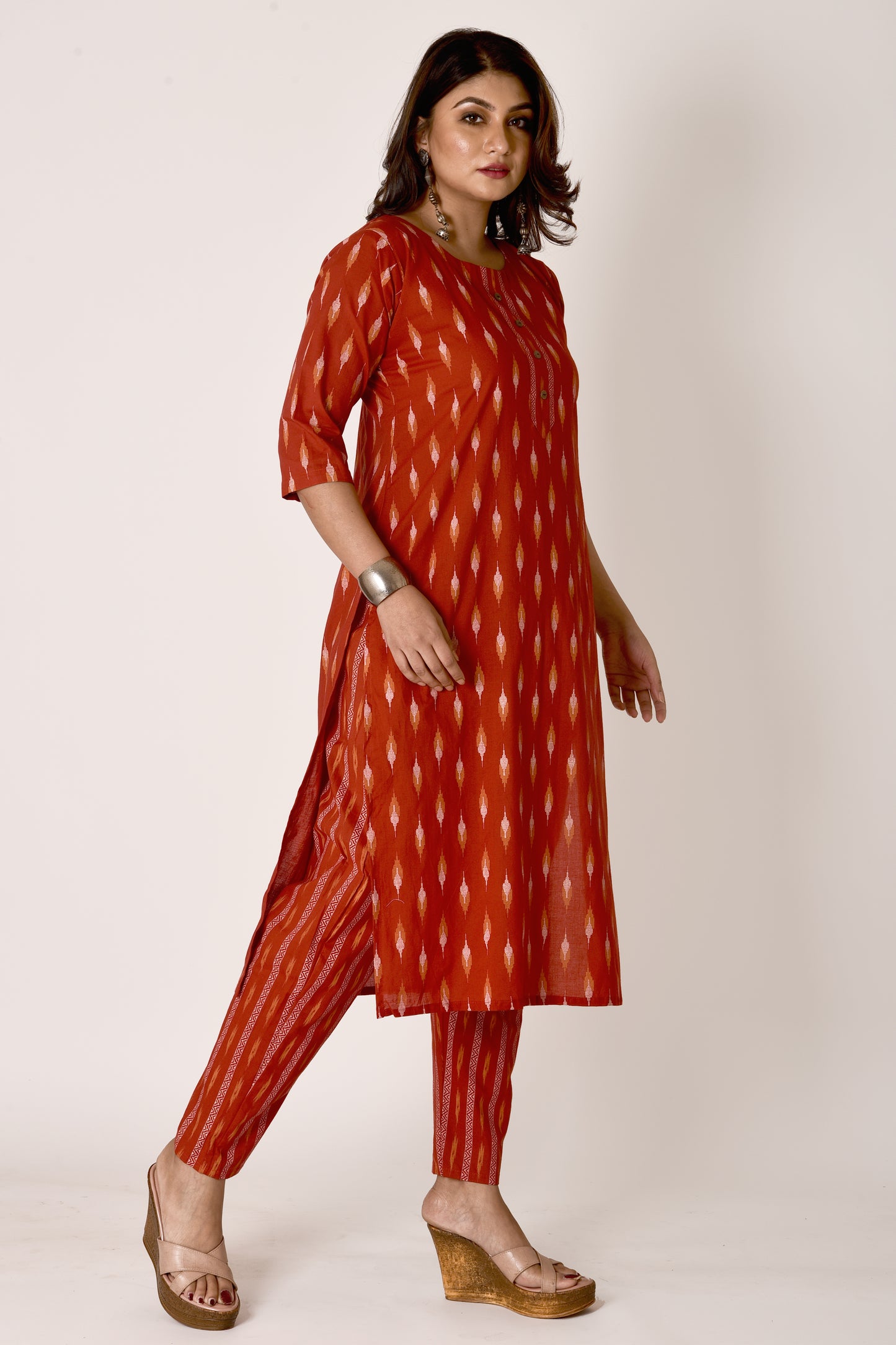 Red Ikkat Print Kurta With Pant