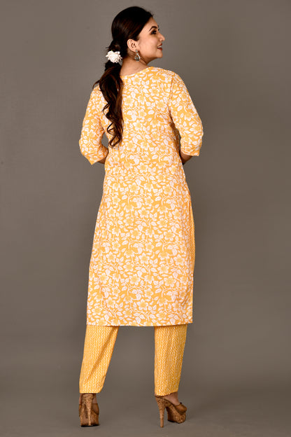 Yellow Floral Print Kurta With Pant