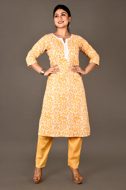 Yellow Floral Print Kurta With Pant