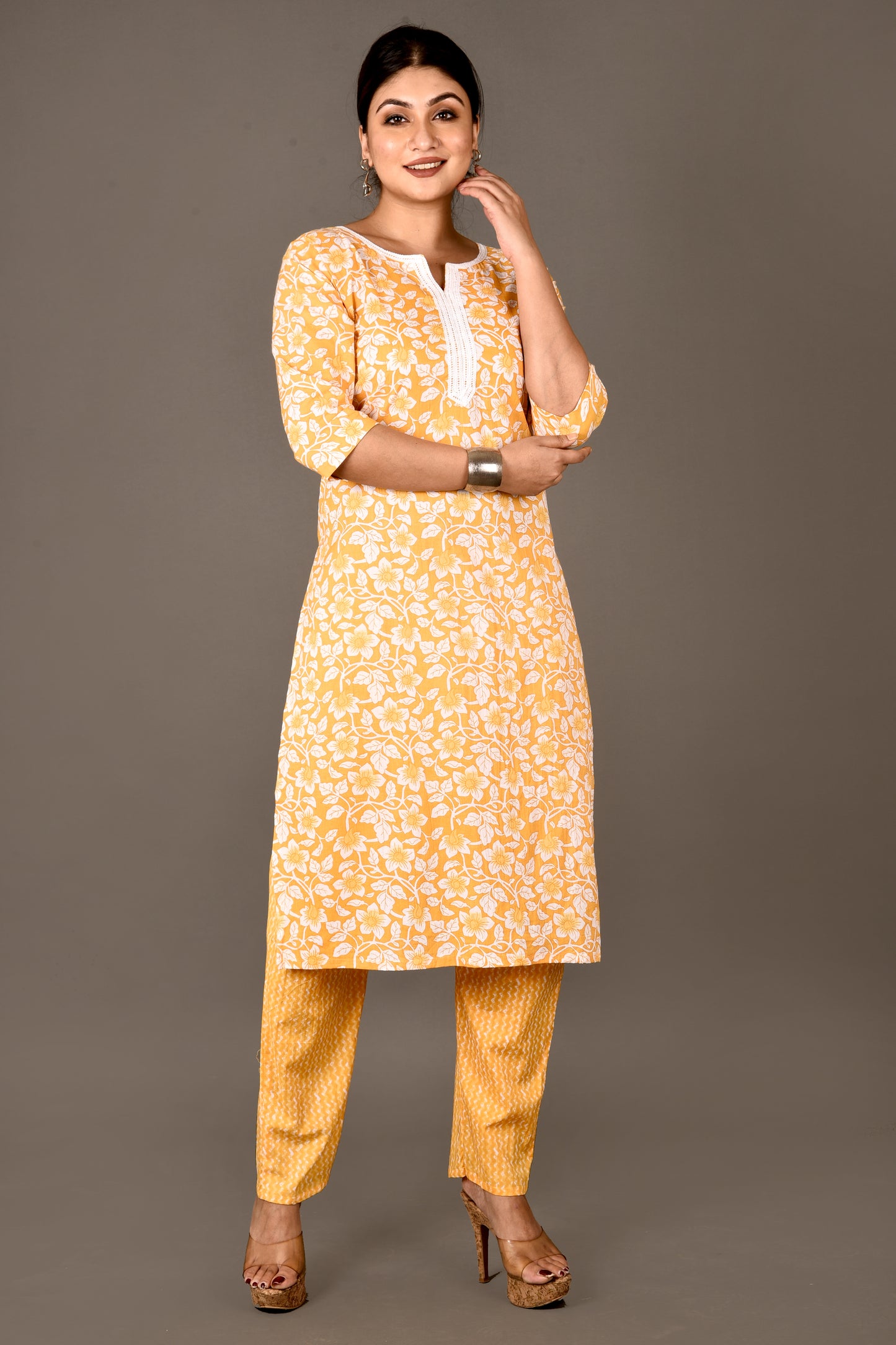 Yellow Floral Print Kurta With Pant