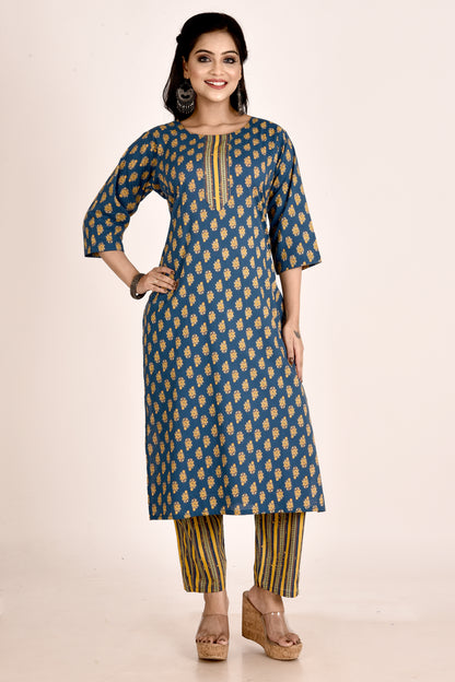 Teal Blue Floral Print Kurta With Pant