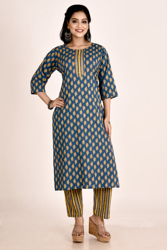 Teal Blue Floral Print Kurta With Pant