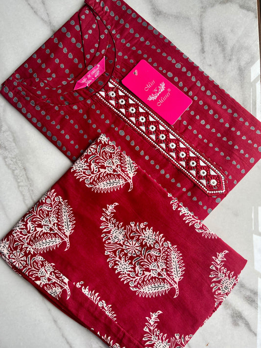 Maroon Embroidered Kurta With Pant