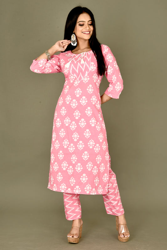 Pink Floral Print Kurta With Pant