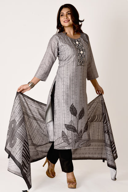 Grey & Black Hand Embroidered Kurta With Pant & Dupatta