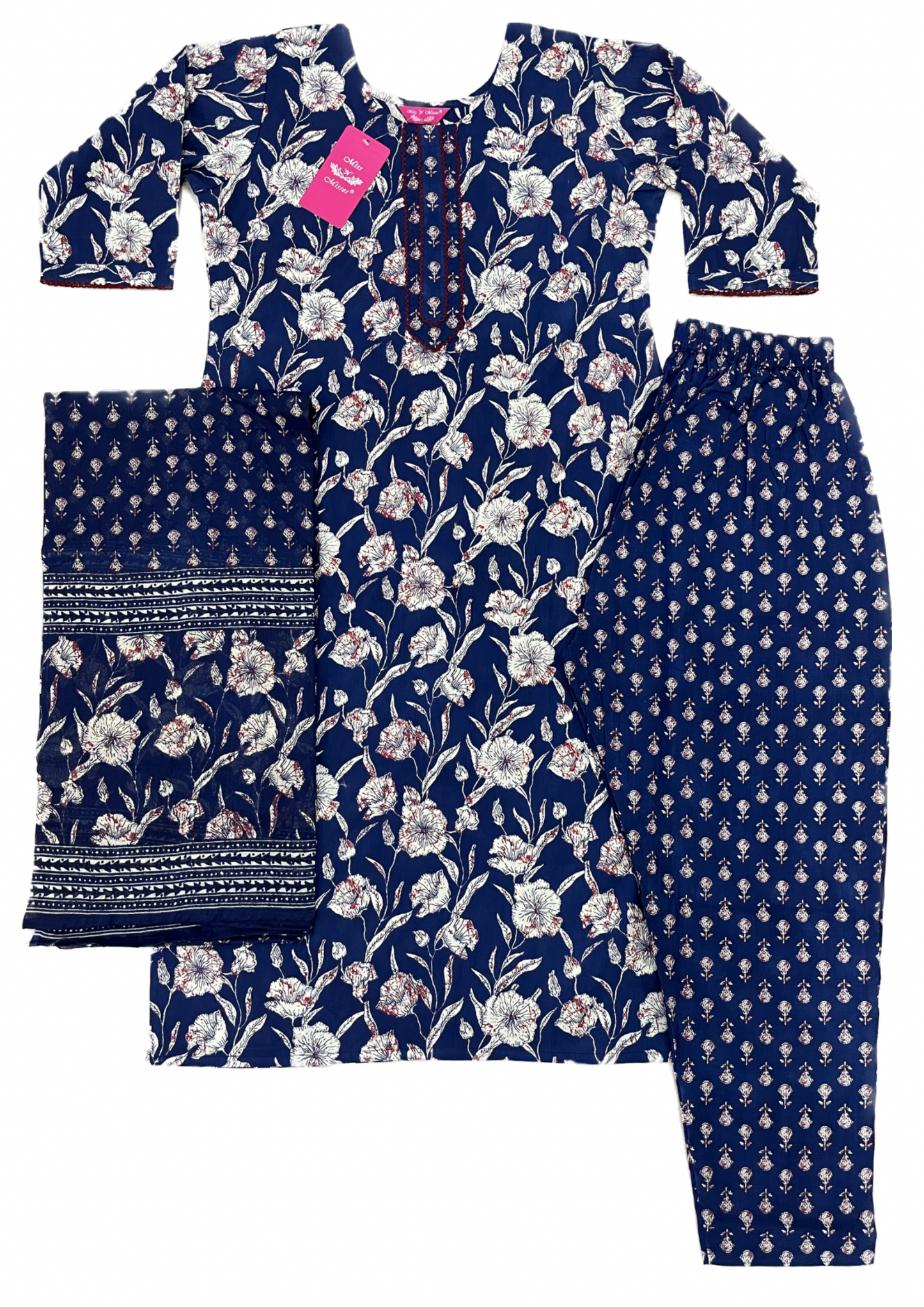 Navy Blue Floral Print Kurta With Pant & Dupatta