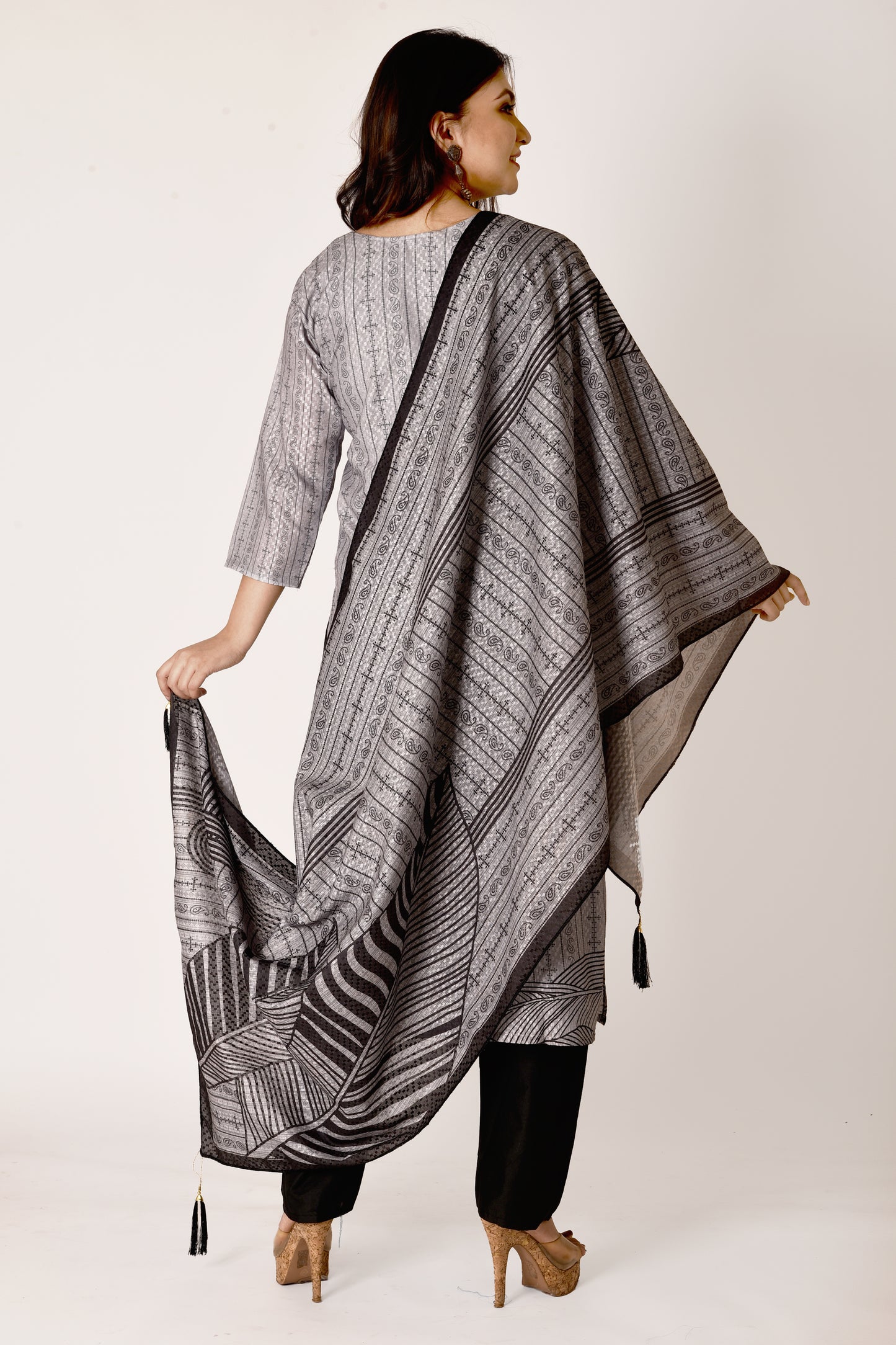 Grey & Black Hand Embroidered Kurta With Pant & Dupatta