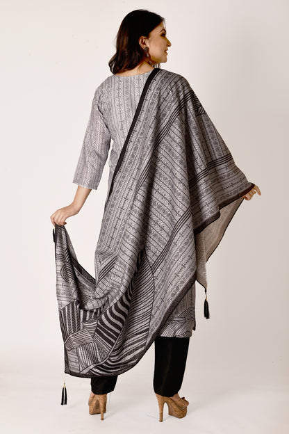 Grey & Black Hand Embroidered Kurta With Pant & Dupatta