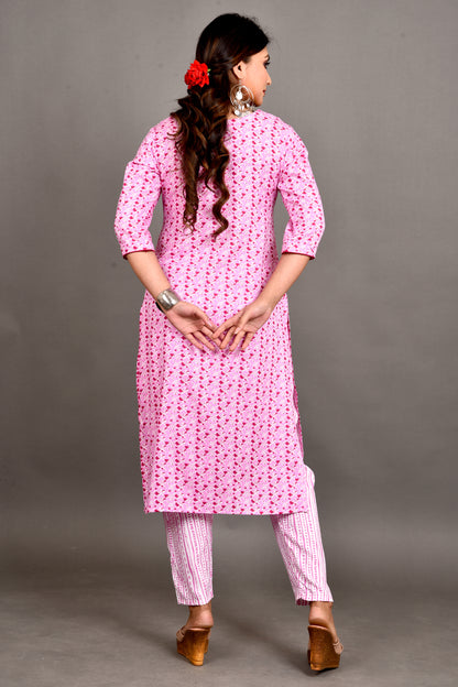 Pink Floral Print Kurta With Pant