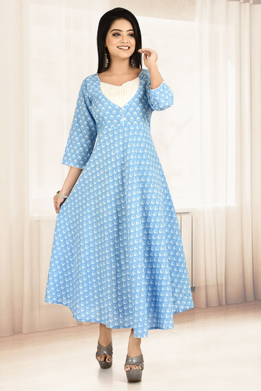 Baby Blue Floral Print Flared Dress