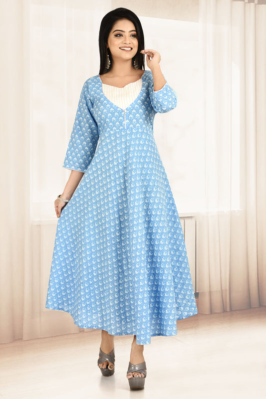 Baby Blue Floral Print Flared Kurta