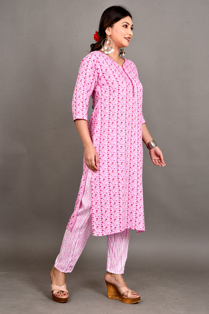 Pink Floral Print Kurta With Pant