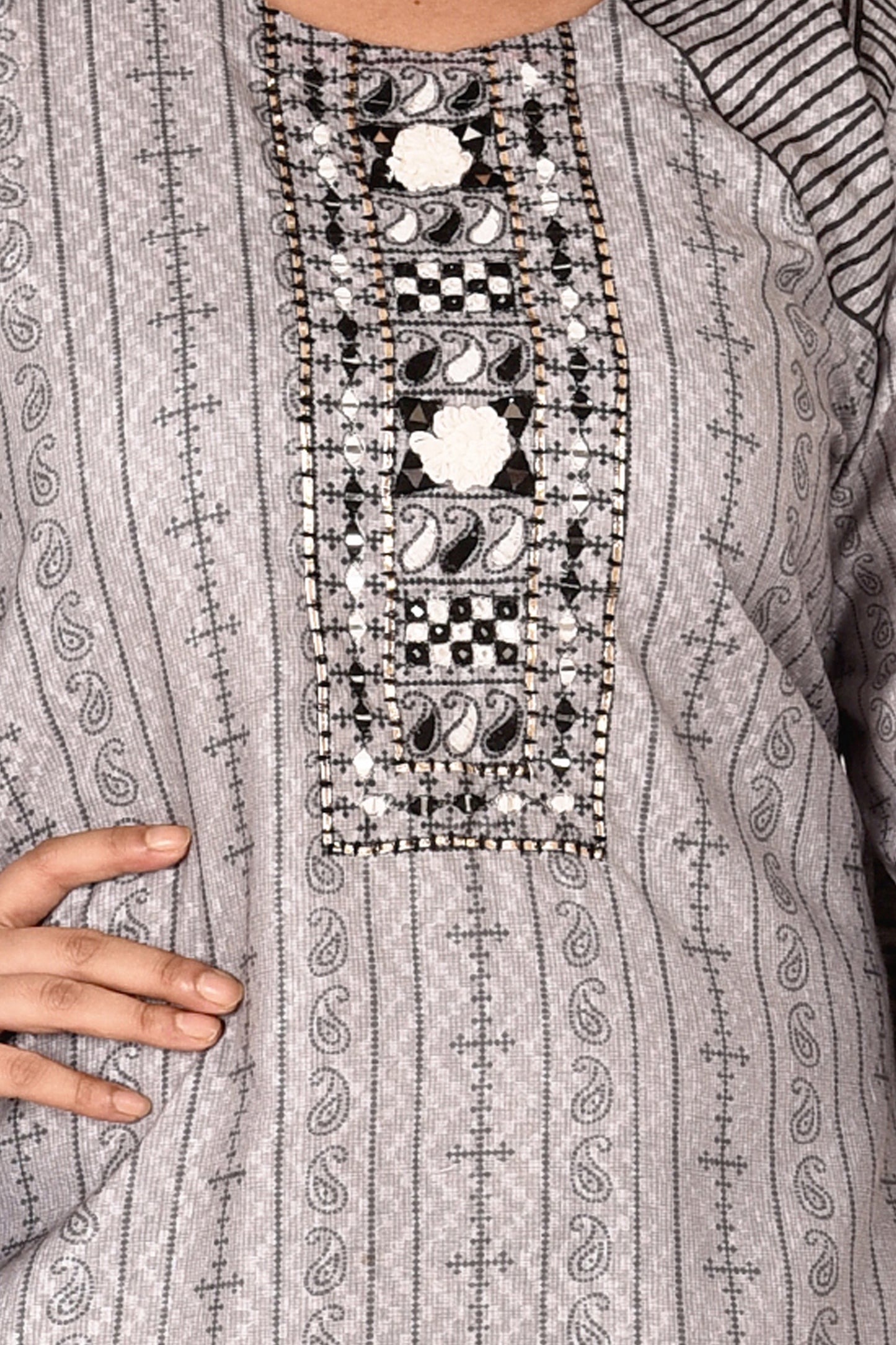 Grey & Black Hand Embroidered Kurta With Pant & Dupatta