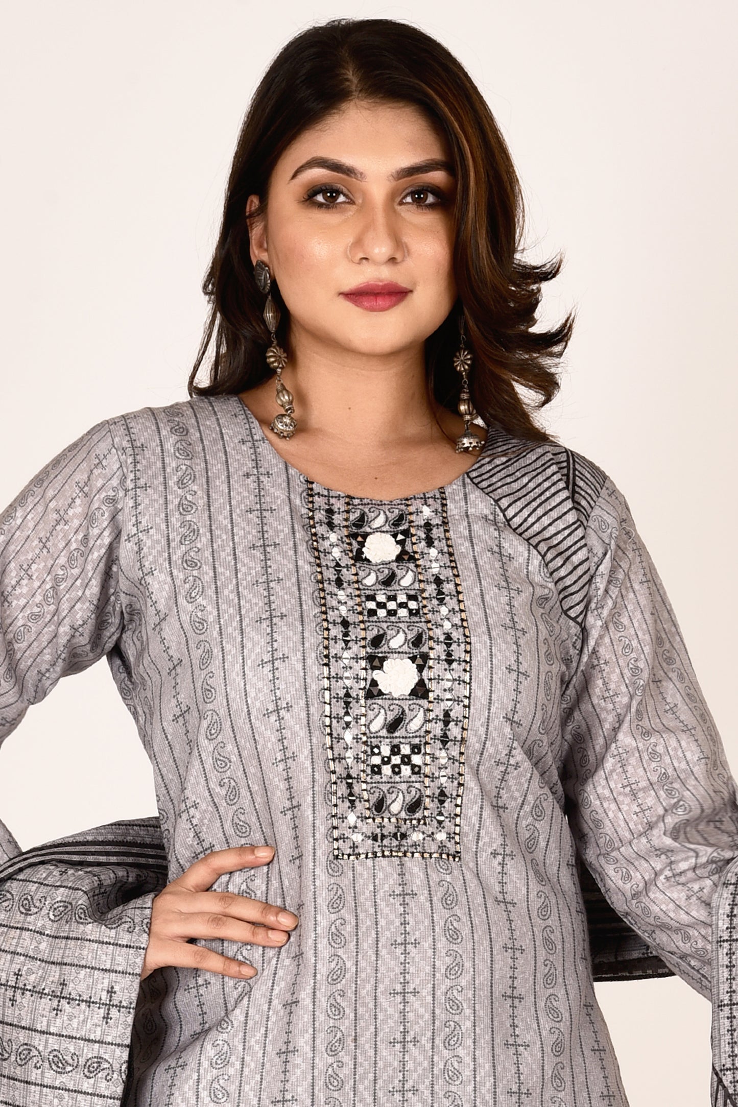 Grey & Black Hand Embroidered Kurta With Pant & Dupatta