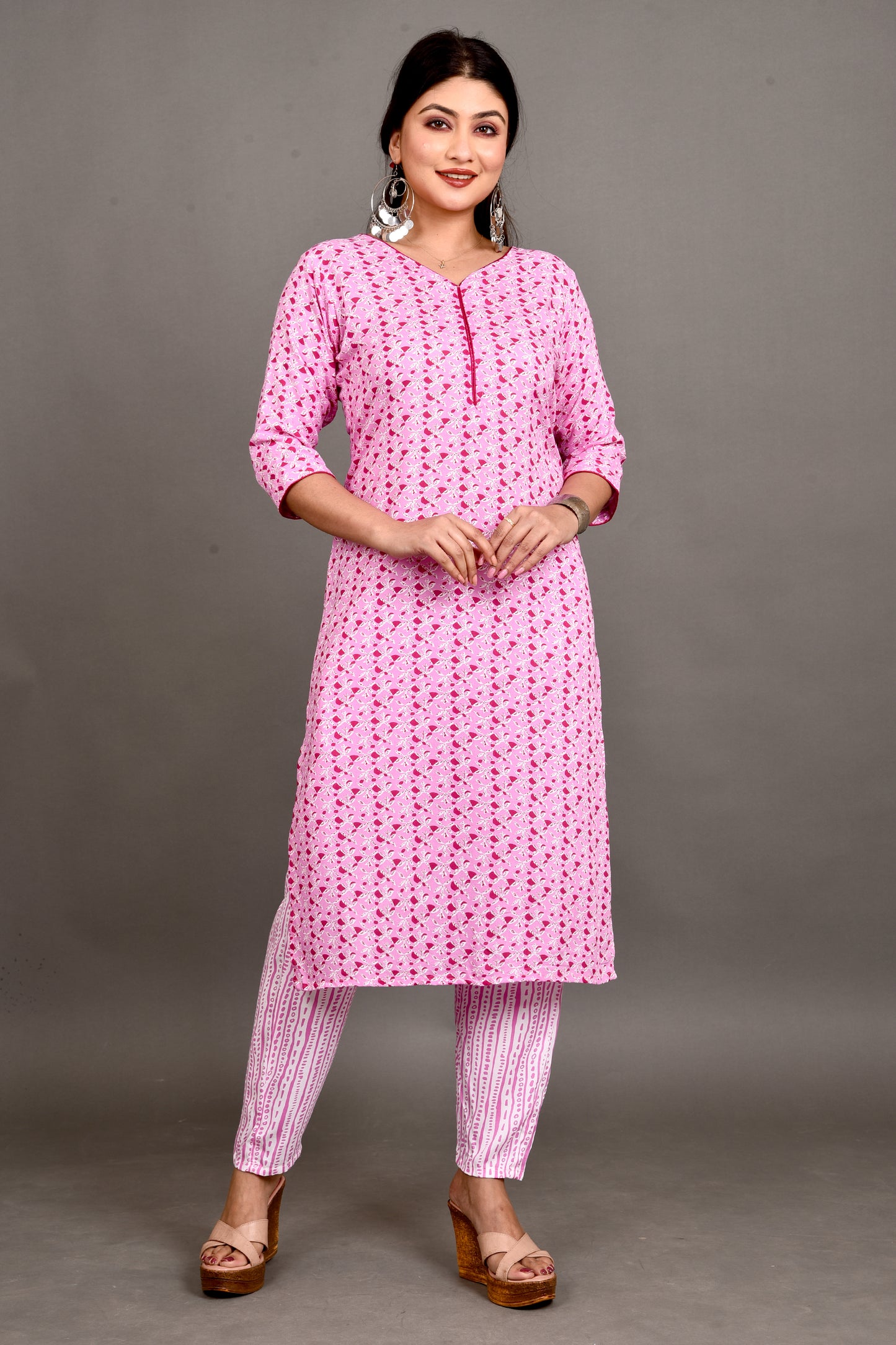 Pink Floral Print Kurta With Pant