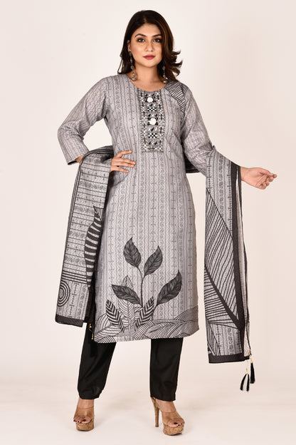 Grey & Black Hand Embroidered Kurta With Pant & Dupatta