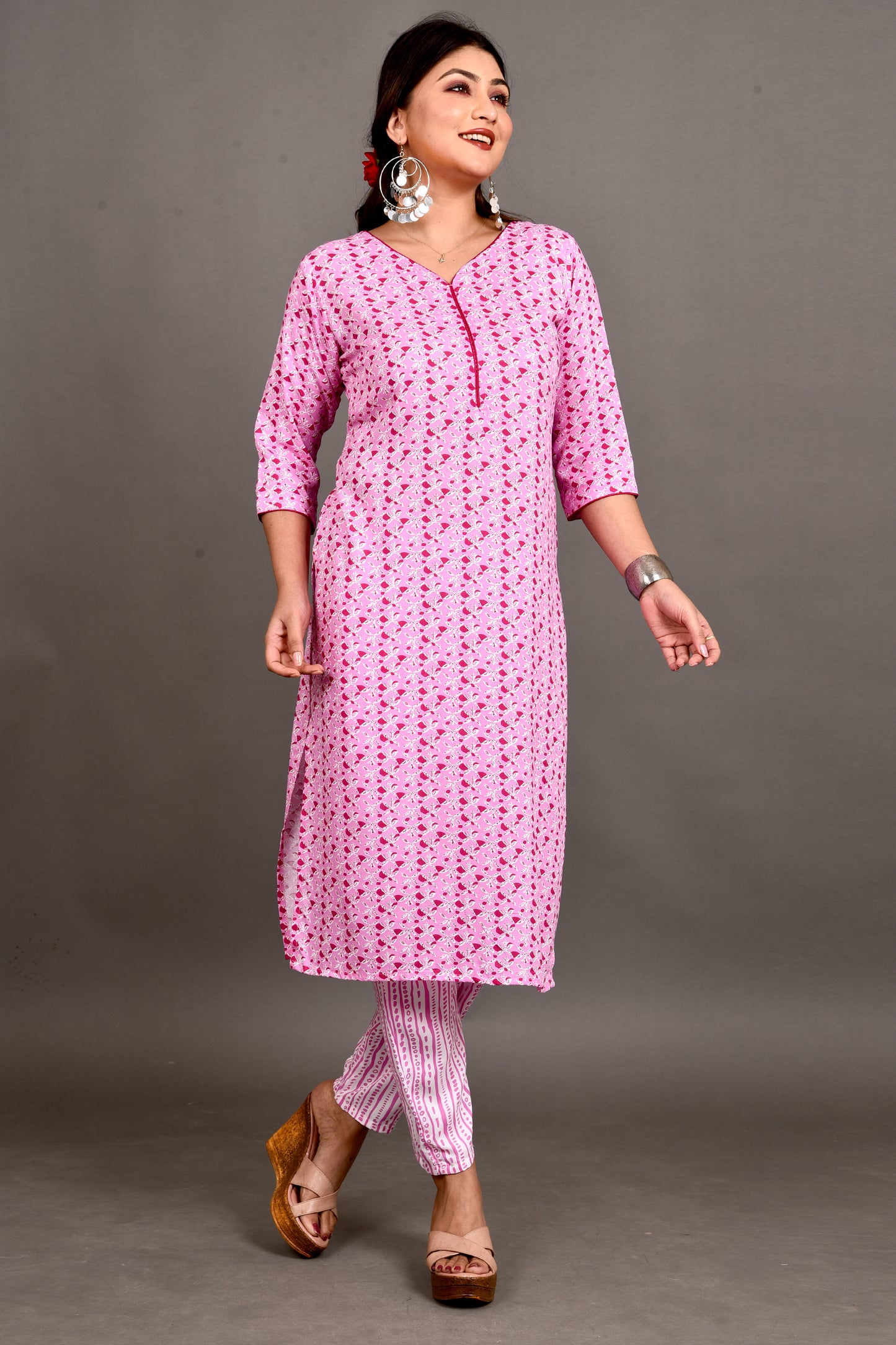 Pink Floral Print Kurta With Pant