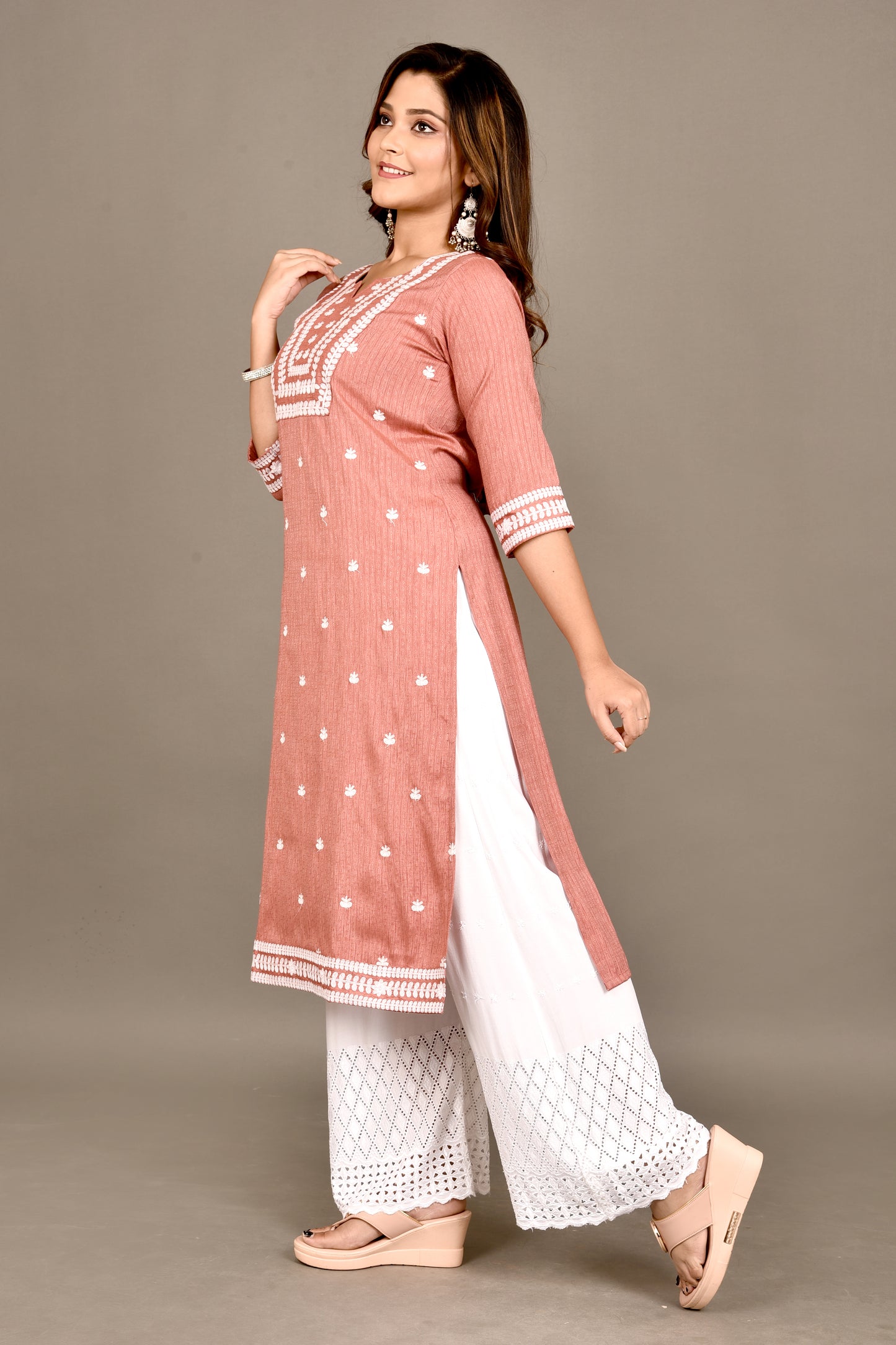 Old Rose Pink Embroidered Kurta With Palazzo