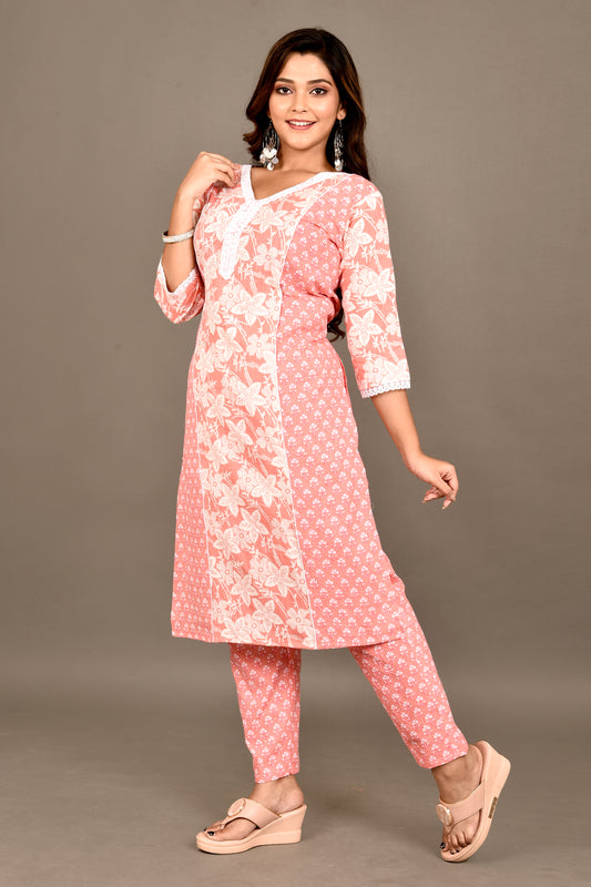 Salmon Pink Mix & Match Floral Print Threadwork Kurta With Pant