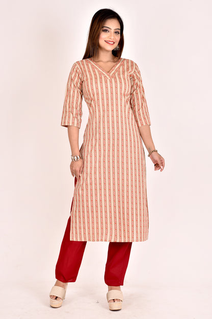 Beige Striped Straight Kurta