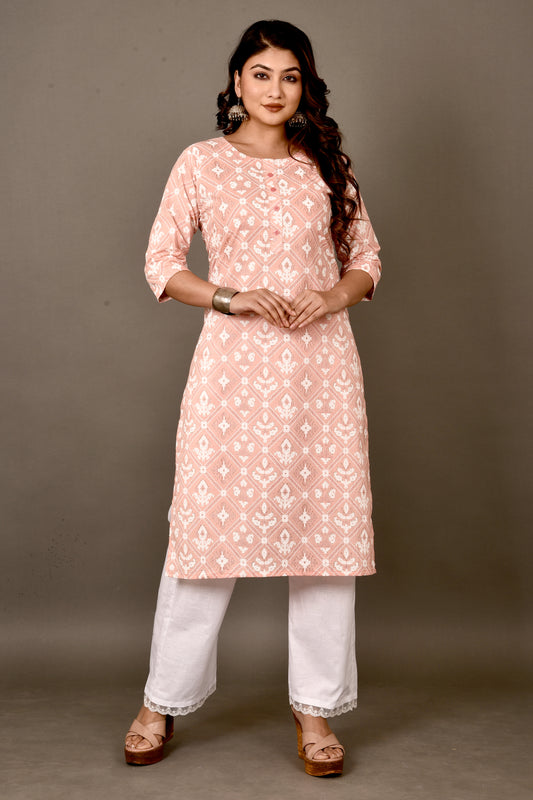 Peach Geometric Floral Print Kurta With Pant