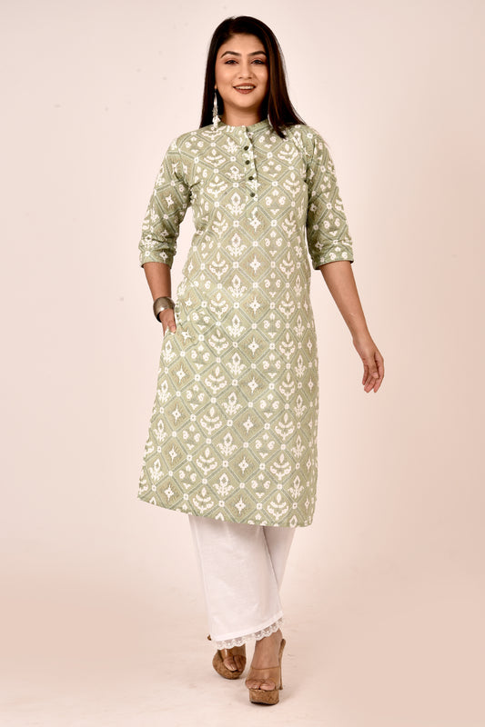 Pista Green Geometric Floral Print Kurta With Pant