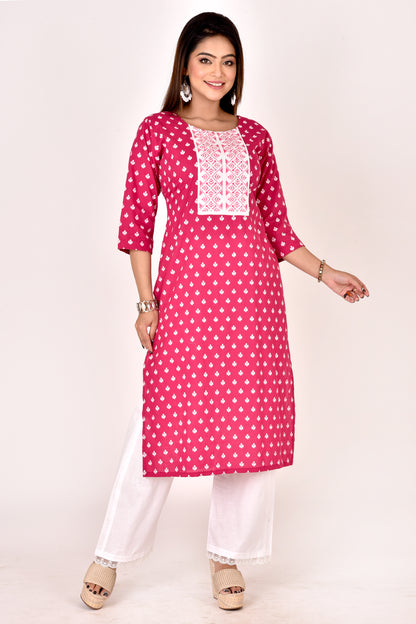 Magenta Pink Floral Embroidered Straight Kurta