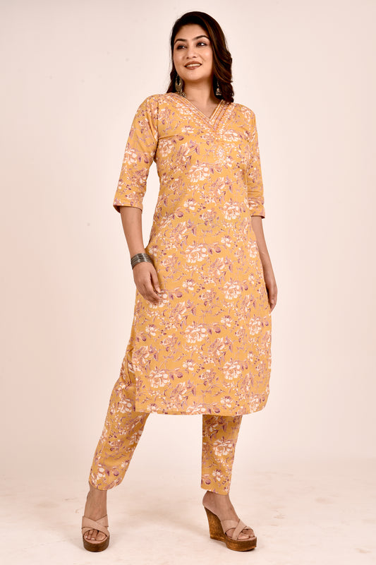 Amber & Purple Rose Print Embroidered Kurta With Pant