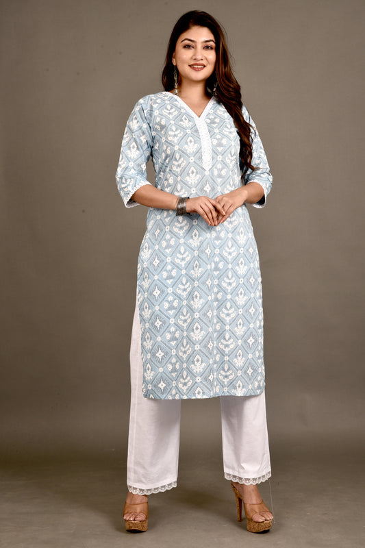 Powder Blue Geometric Floral Print Kurta With Pant