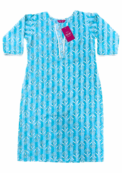 Aqua Blue Floral Threadwork Straight Kurta