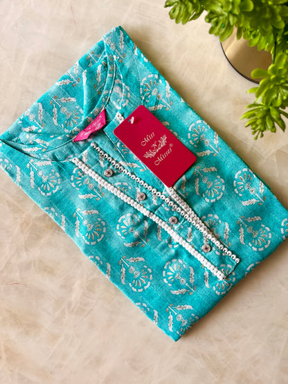 Aqua Blue Floral Threadwork Straight Kurta