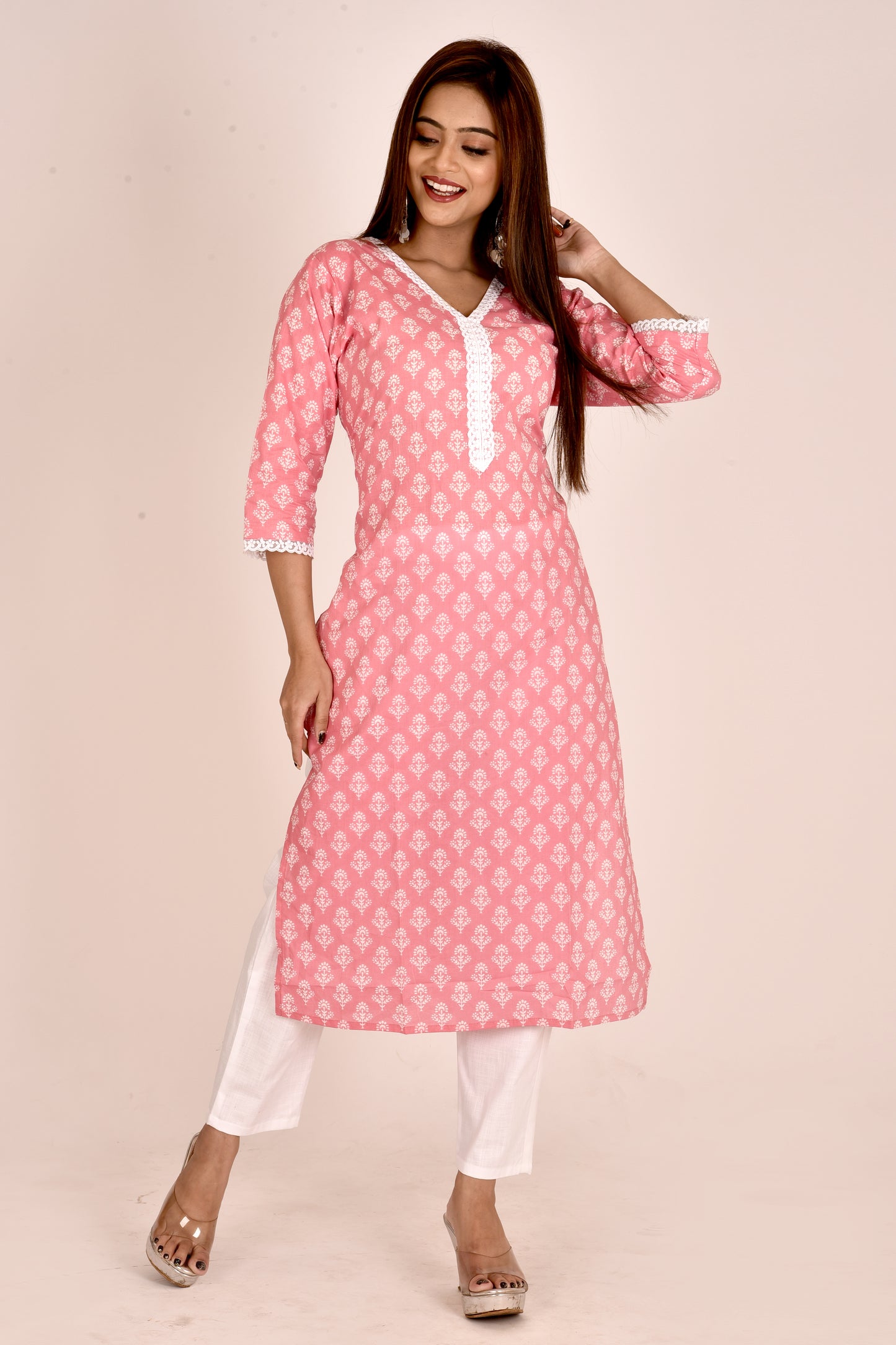 Pink Floral Print Kurta With Pant