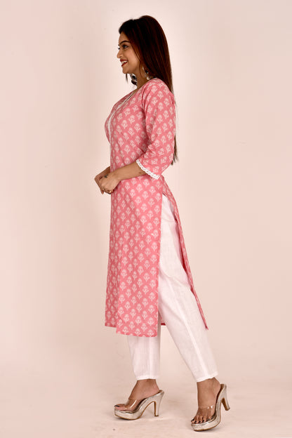 Pink Floral Print Kurta With Pant