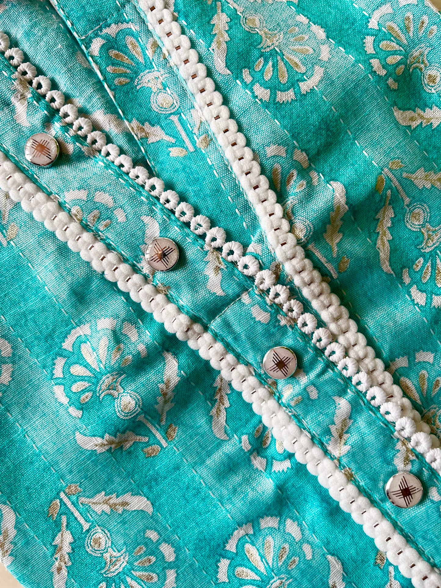 Aqua Blue Floral Threadwork Straight Kurta