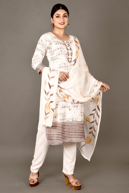 Off-White & Brown Embroidered Kurta With Pant & Dupatta