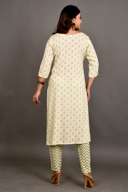 Yellow Green Floral Print Kurta With Pant