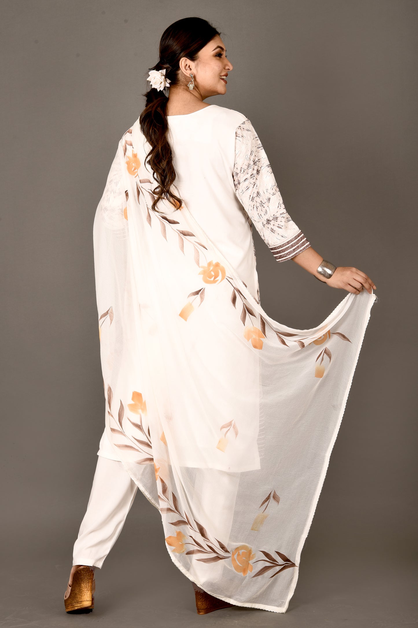 Off-White & Brown Embroidered Kurta With Pant & Dupatta