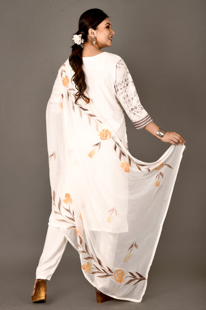 Off-White & Brown Embroidered Kurta With Pant & Dupatta