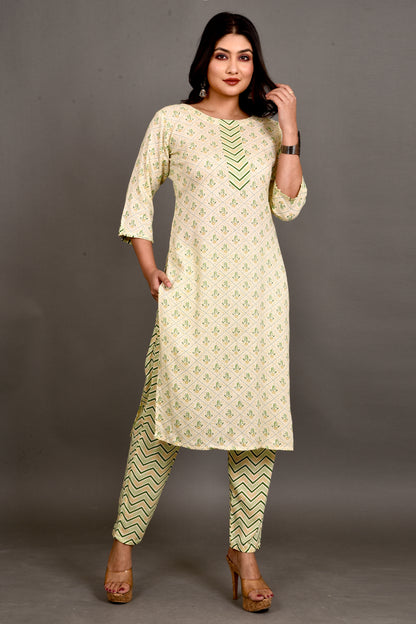 Yellow Green Floral Print Kurta With Pant